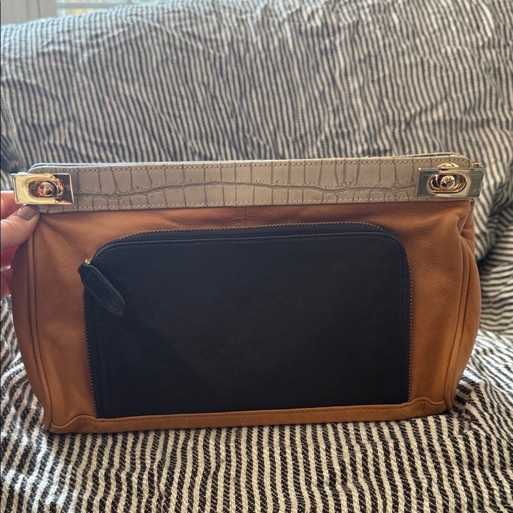 Be & D Camel and Black Clutch with Gold Accents